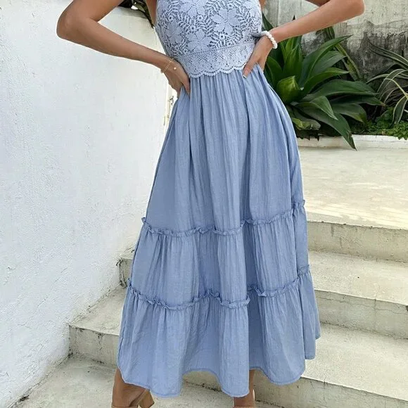 Blue Boho Womens Lace Patchwork Backless Drawstring Cami Dress - Picture 3 of 5